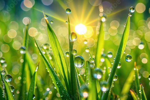 Dew-Kissed Grass Blades: Close-up Macro Photography of Morning Dewdrops on Lush Green Lawn
