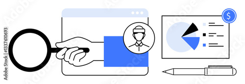 Magnifying glass examines candidate profile, analytics chart displays data insights, blue color highlights key information. Ideal for recruitment, data analysis, hiring strategies, HR process