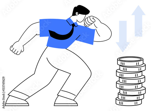 Businessman in blue shirt confronting stack of coins with upward and downward arrows. Ideal for finance, economy, investment, challenge, determination, market analysis, growth visualization. Flat