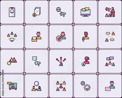 Vibrant outline icon set representing communication and public relations concepts
