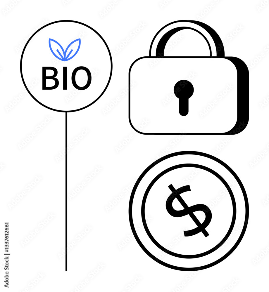 Lock symbolizing security, BIO label with leaf for sustainability, dollar coin for financial focus. Ideal for eco-friendly economy, safety, business, green industry, trust, investment finances flat Lock symbolizing security, BIO label with leaf for sustainability, dollar coin for financial focus. Ideal for eco-friendly economy, safety, business, green industry, trust, investment finances flat