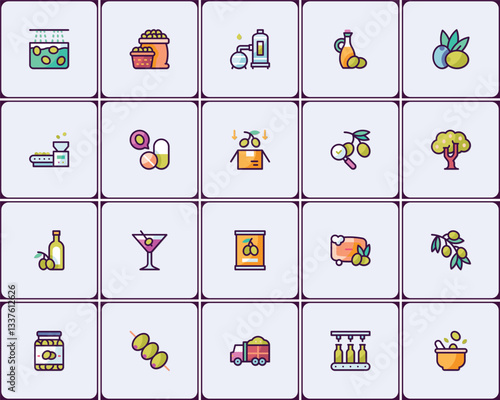 Extensive icon set representing the diverse uses of olives and olive products