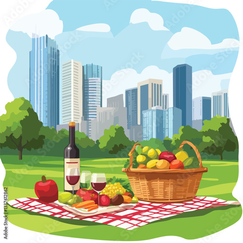 Summer Picnic in City Park Vector Cartoon Illustration