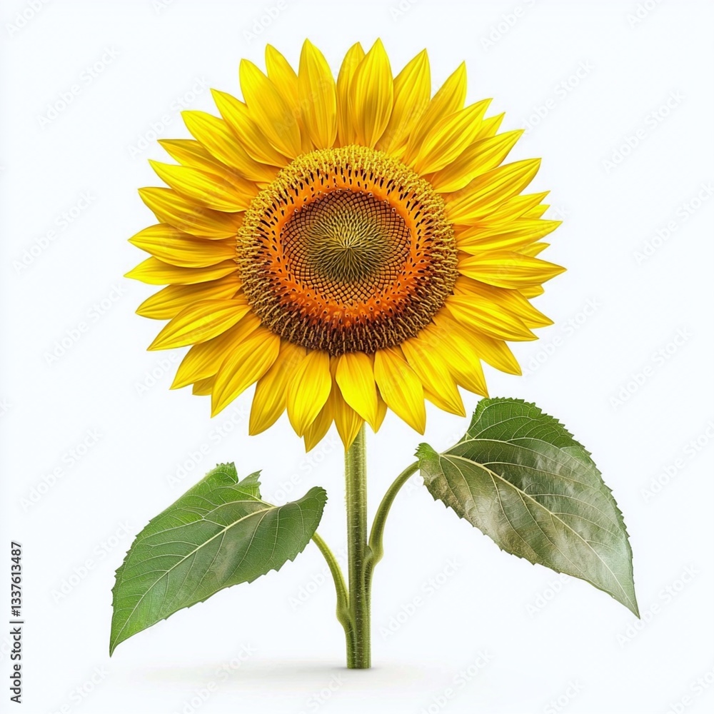 Obraz premium Sunflower isolated on a white background with bright yellow petals and green leaves