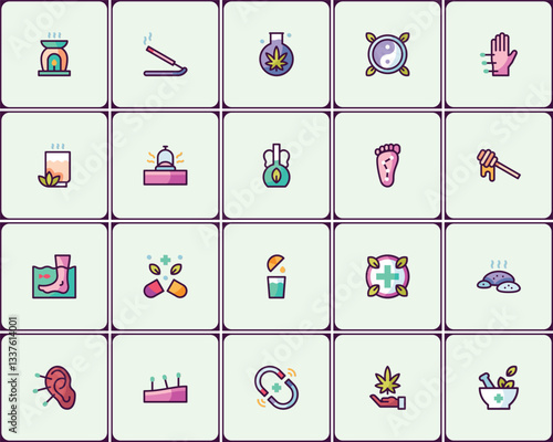 Alternative medicine and wellness therapy icons representing holistic healthcare system