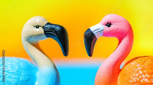 Two flamingo toys on a vibrant orange and blue background, radiating joy and optimism.
