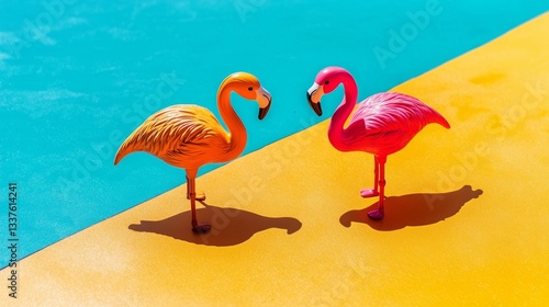 Two flamingo toys on a vibrant orange and blue background, radiating joy and optimism.
