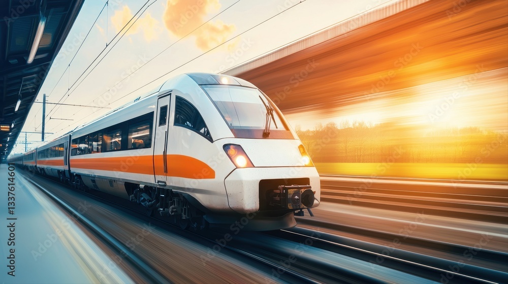 Naklejka premium Electric train passing through beautiful landscape at high speed representing innovation and modern transportation solutions