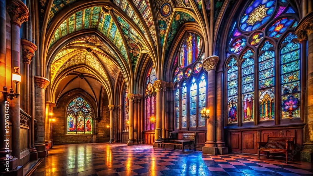 Fototapeta premium Dramatic Gothic Cathedral Interior: Ornate Stained Glass & Archways - Night Photography