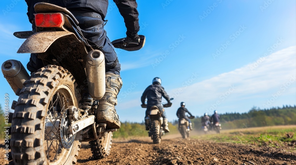 Obraz premium Group of friends riding dirt bikes together in an exciting outdoor adventure filled with joy and laughter