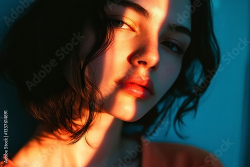 Young Woman's Face Illuminated by Sunlight, Contrasting Light & Shadow Creates Dramatic Portrait