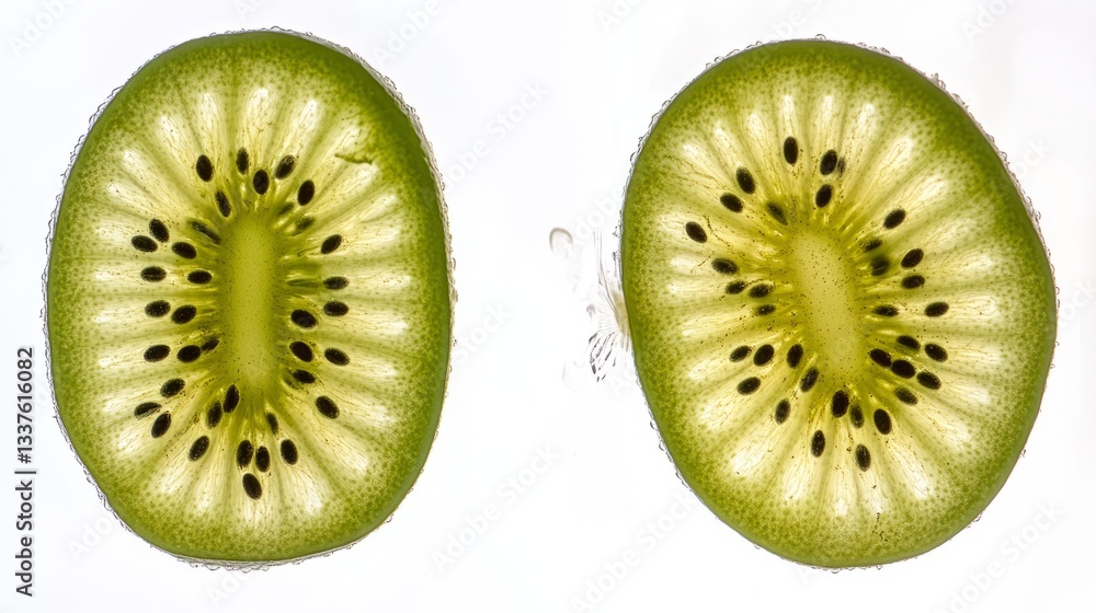 Fototapeta premium Fresh Kiwi Halves with Vibrant Green Texture and Seeds, Isolated on White Background 