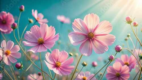 Dreamy Pastel Pink Cosmos Flowers Aerial View, Soft Sunlight, Blue Background