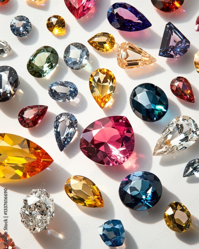 A collection of colorful gemstones and diamonds scattered on a white background A collection of colorful gemstones and diamonds scattered on a white background