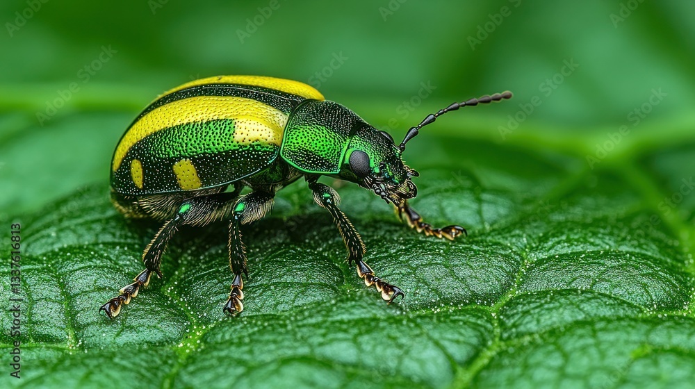 Vibrant green and yellow beetle on leaf. Detailed close-up view of insect on lush foliage Vibrant green and yellow beetle on leaf. Detailed close-up view of insect on lush foliage
