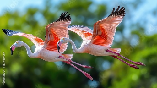 Two flamingos in flight against a vibrant green backdrop