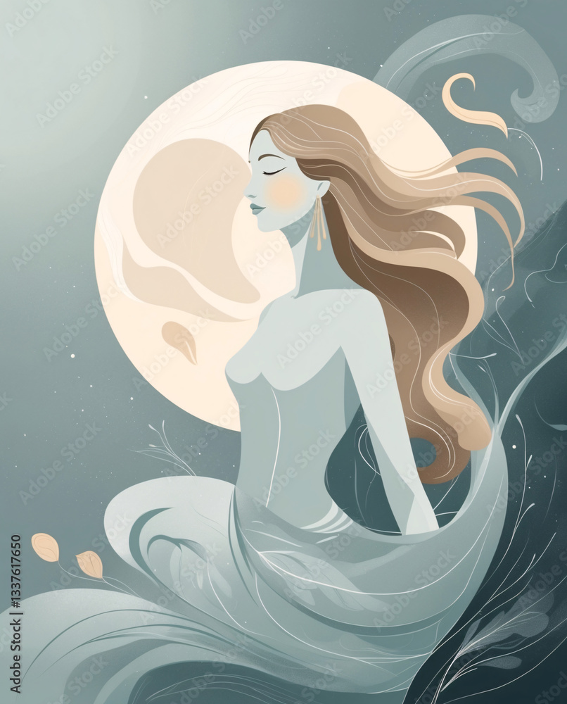 Soft pastel bluish abstract painting of a woman surrounded by moon and waves contemporary art in a calming design style Abstract Woman Illustration Flat Design Soft pastel bluish abstract painting of a woman surrounded by moon and waves contemporary art in a calming design style Abstract Woman Illustration Flat Design