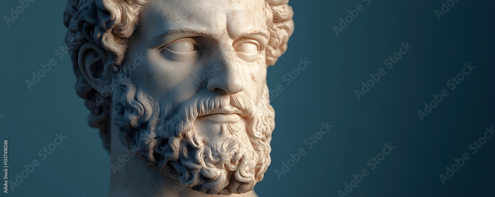 Portrait of antique plaster bust of male marble head with beard and curly hair isolated on blue background, copy space. Head of antique statue, anatomical model. Portrait of antique plaster bust of male marble head with beard and curly hair isolated on blue background, copy space. Head of antique statue, anatomical model.