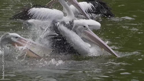 Pelican swimming in the water while flapping its wings