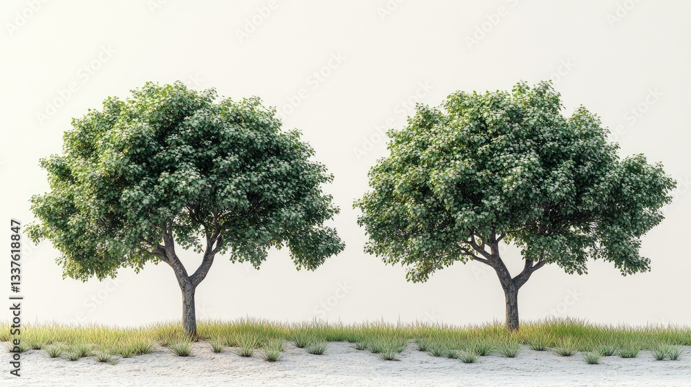 Two trees in a field. Green foliage against a pale background Two trees in a field. Green foliage against a pale background