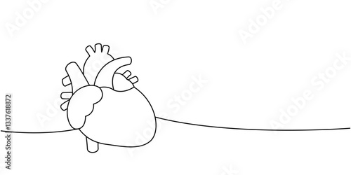 Heart one line continuous drawing. Human internal organ continuous one line illustration.