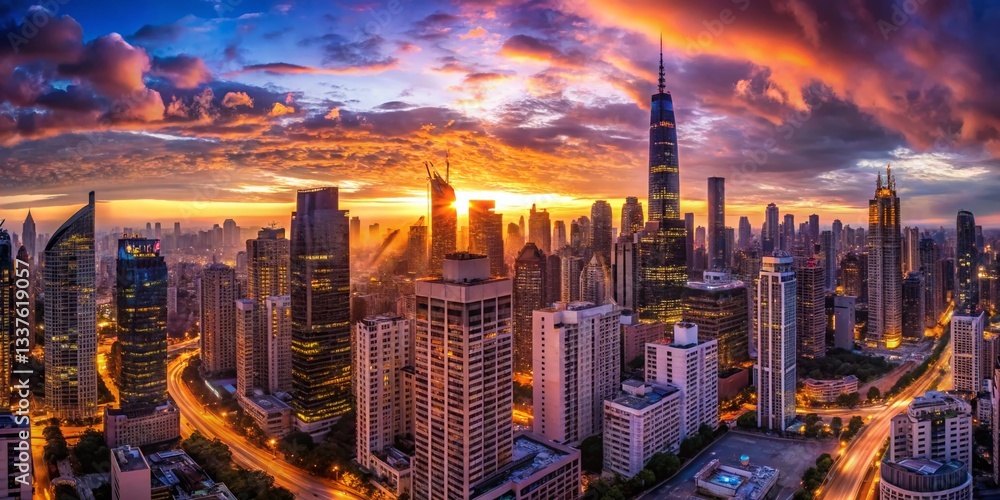 Fototapeta premium Dusk Panorama Cityscape: Night City Lights & Skyline
