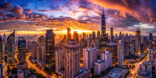 Dusk Panorama Cityscape: Night City Lights & Skyline