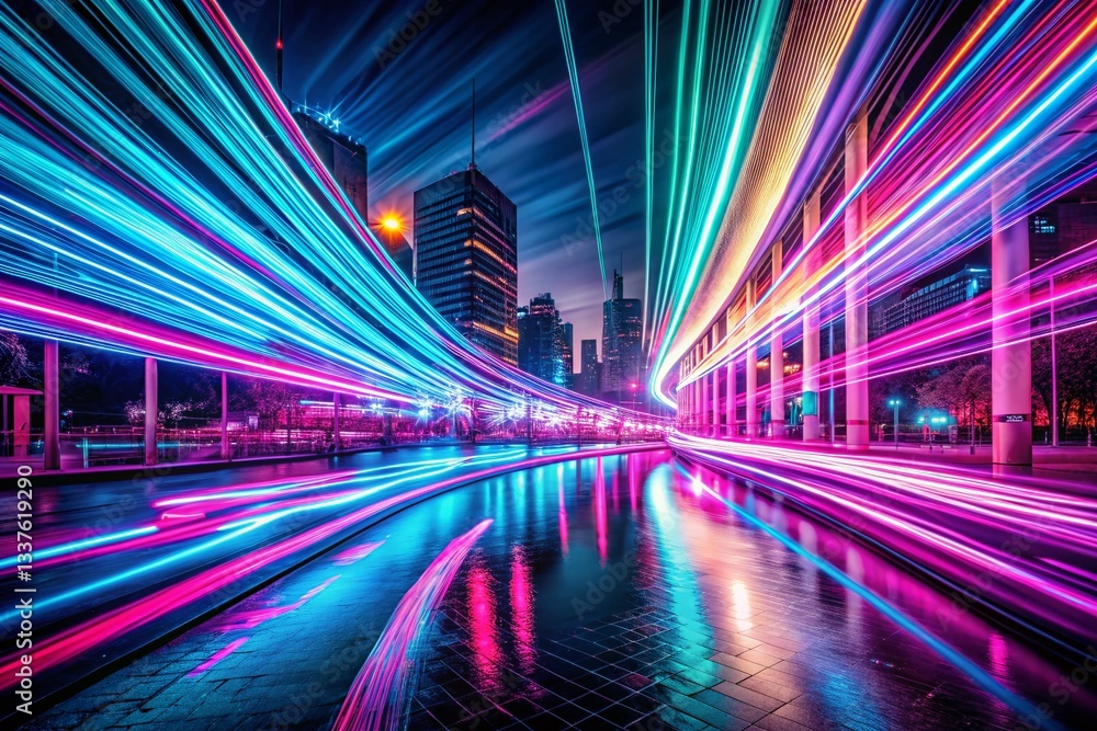 Fototapeta premium Dynamic Magenta & Cyan Light Trails Flashing Over Dark Surface - Night Photography Stock Photo