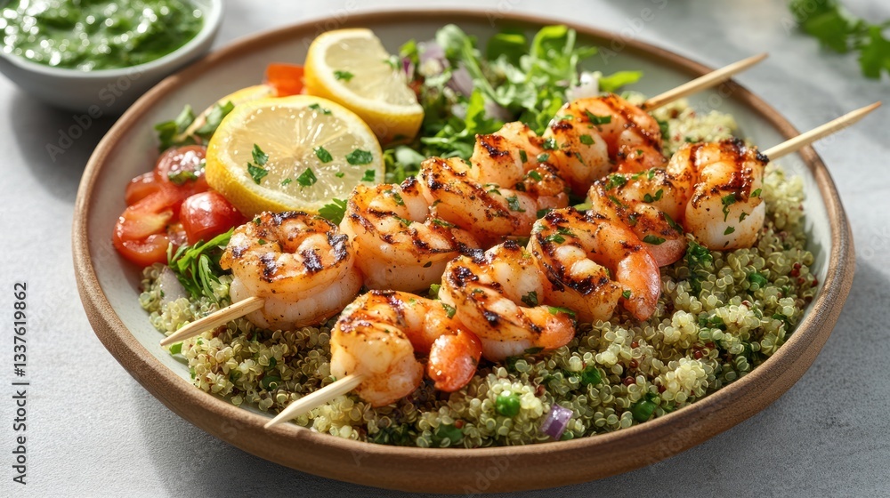 Grilled Shrimp Skewers Garnished with Lemon and Herbs Served on a Quinoa Bed Grilled Shrimp Skewers Garnished with Lemon and Herbs Served on a Quinoa Bed