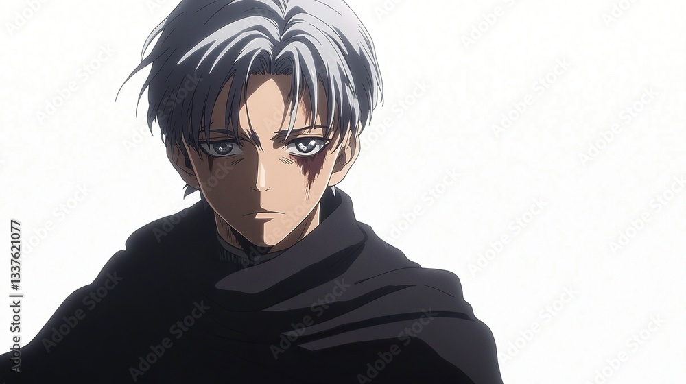 Intense gaze of a young man with grey hair and a facial injury. Intense gaze of a young man with grey hair and a facial injury.