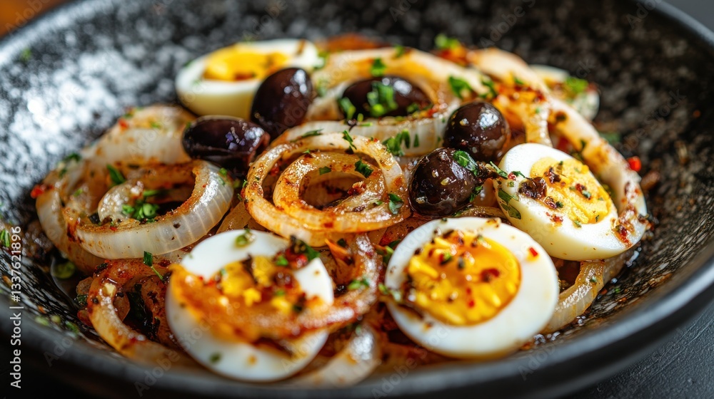 Savory sauteed onion rings, halved hard-boiled eggs, and olives, garnished with fresh herbs and spices Savory sauteed onion rings, halved hard-boiled eggs, and olives, garnished with fresh herbs and spices