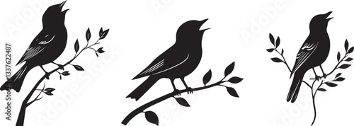 Silhouette of a bird perched on a branch, singing a spring melody vector silhouette