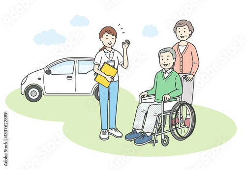 外で会話をする介護福祉士かケアマネージャーの女性と車椅子に座る高齢男性と高齢女性のイラスト