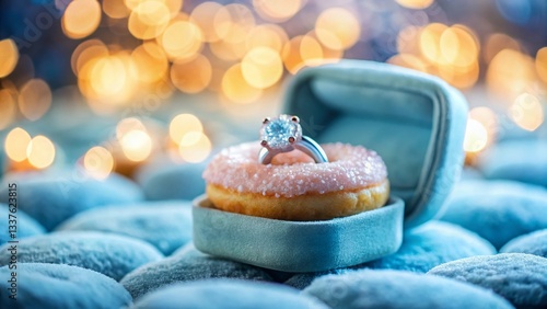 Elegant Diamond Engagement Ring in Blue Velvet Box with Donuts Background - Long Exposure Stock Photo