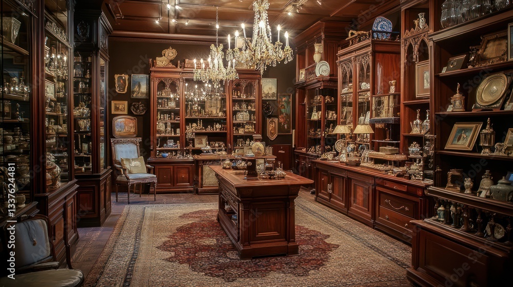 Antique shop interior, richly furnished, displays collectibles, ornate rug, elegant background Antique shop interior, richly furnished, displays collectibles, ornate rug, elegant background
