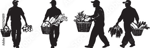 Silhouette of a farmer carrying a basket of freshly harvested vegetables vector silhouette