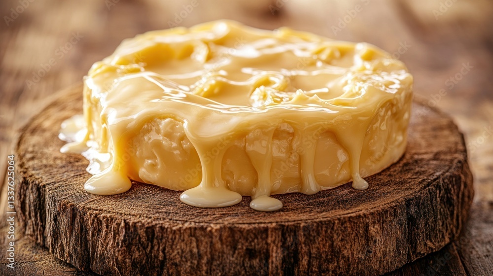 Soft cheese covered in sweet, golden caramel sauce on wood Soft cheese covered in sweet, golden caramel sauce on wood