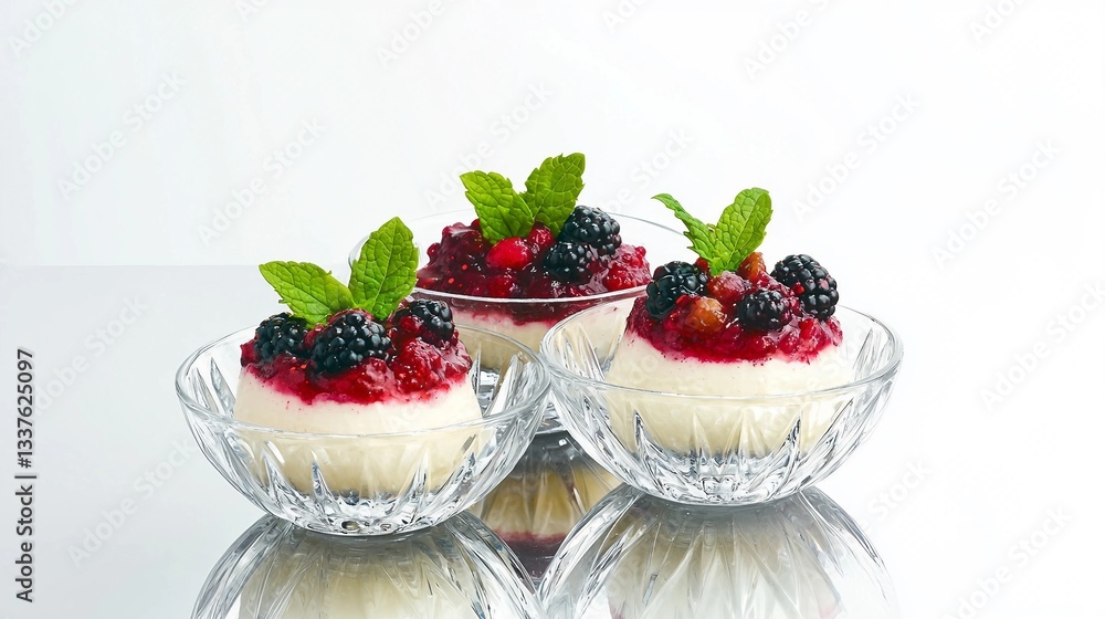 Panna Cotta Delight with Berry Compote in Crystal Presentation (AI Image) Panna Cotta Delight with Berry Compote in Crystal Presentation (AI Image)