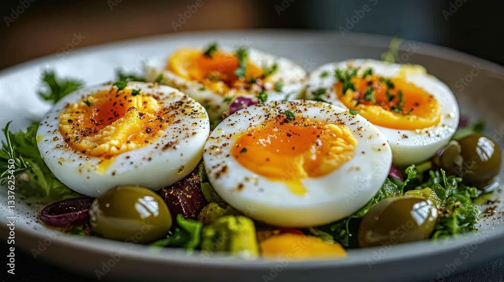Soft-boiled eggs with salad and olives Soft-boiled eggs with salad and olives