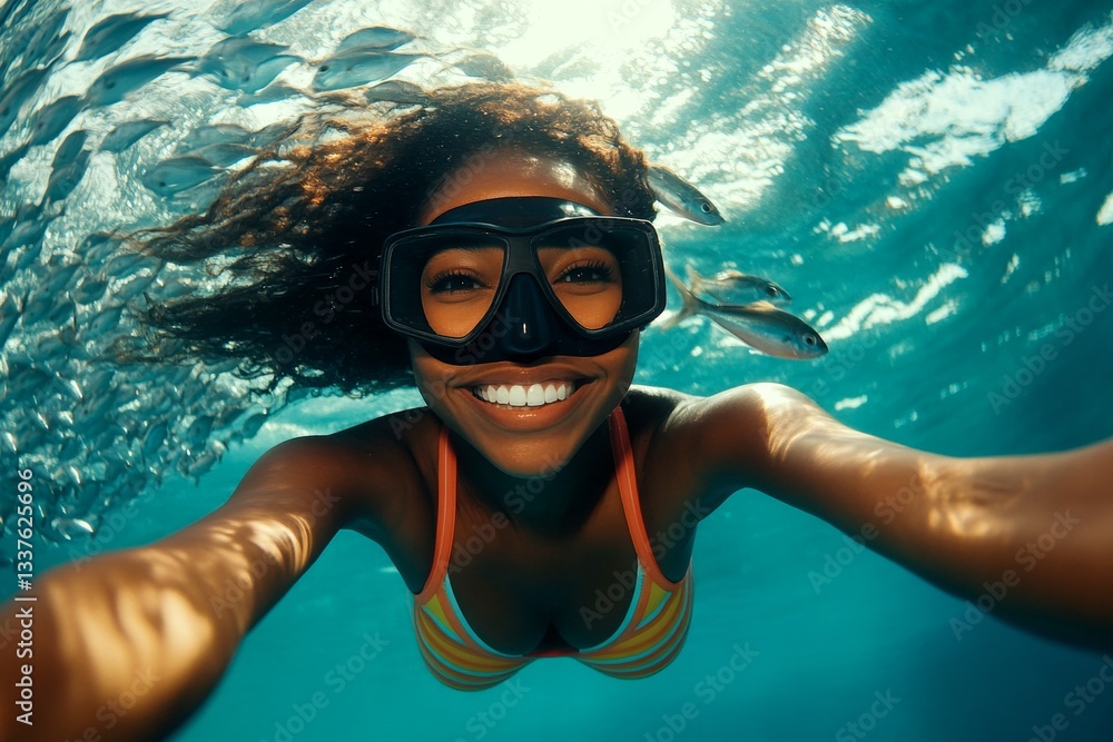 Fototapeta premium A attractive and sexy happy black young woman with medium hair in a swimming mask and fins snorkeling among the corals. Commercial travel photography. Bright commercial style image.
