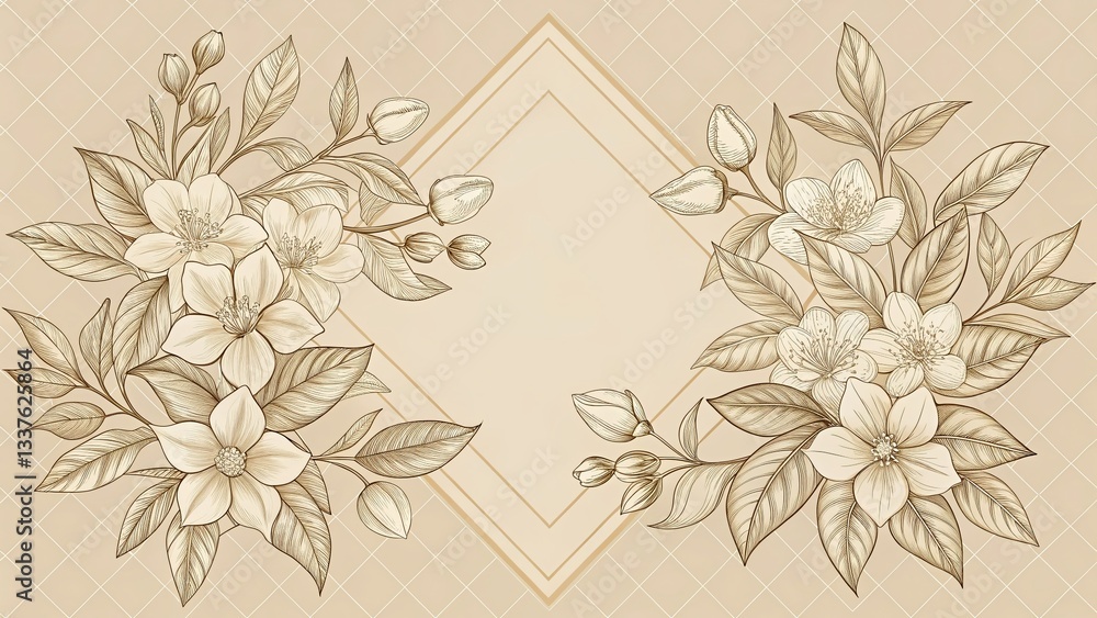 Fototapeta premium Elegant Jasmine Floral Bouquet Pattern: Neutral Background Line Art Botanical Design