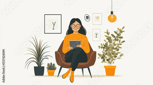 Woman relaxing in a cozy armchair using a tablet