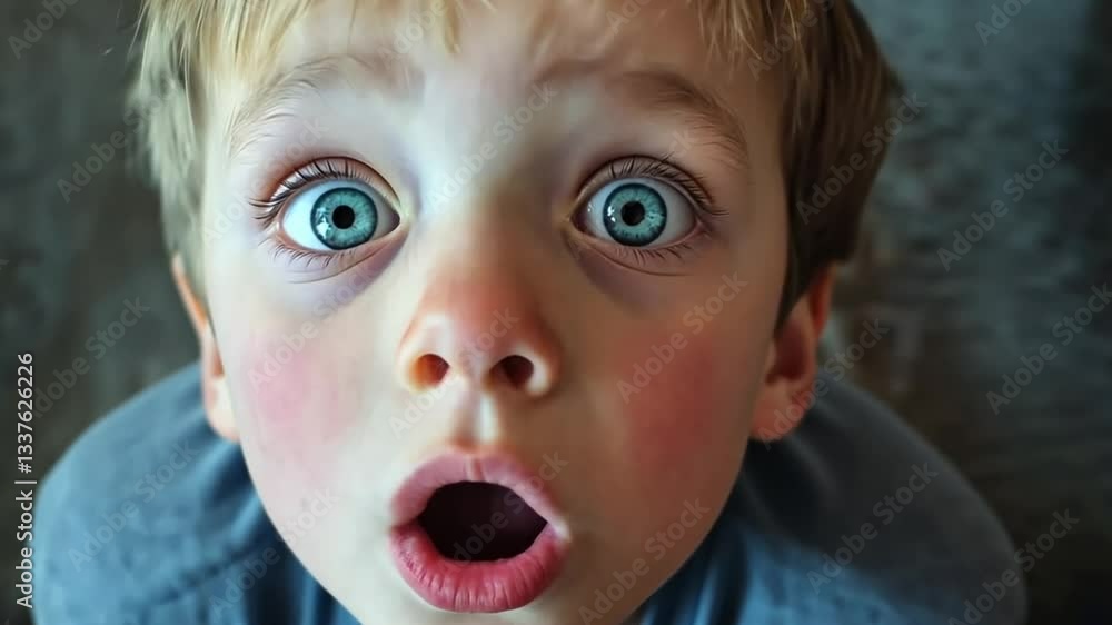 Surprised child with bright blue eyes and open mouth looking upwards. The expression suggests a mix of wonder and amazement Surprised child with bright blue eyes and open mouth looking upwards. The expression suggests a mix of wonder and amazement