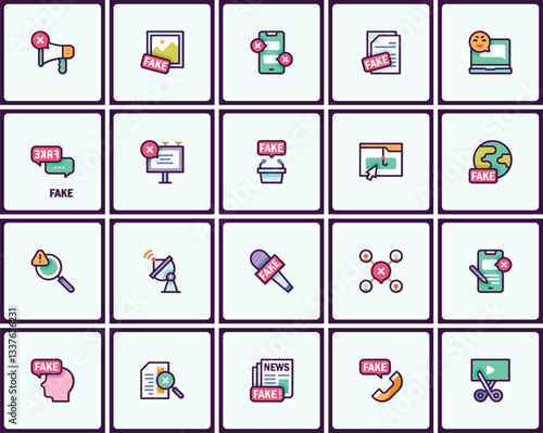 Fake news and disinformation modern line style icon pack with various media symbols