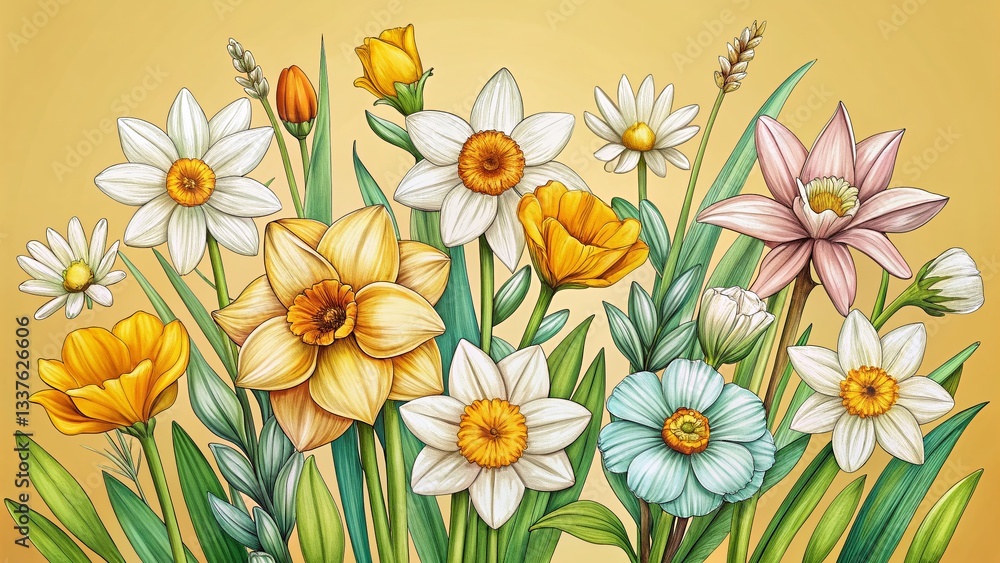 Elegant Monochrome Floral Sketches: Daffodils, Daisies & Botanical Designs Elegant Monochrome Floral Sketches: Daffodils, Daisies & Botanical Designs