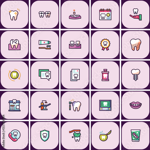 Complete dental care line icon set for dentistry and orthodontics concepts