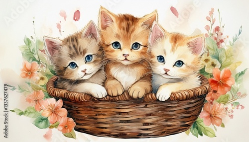  A charming watercolor frame showing three playful kittens cuddling together
