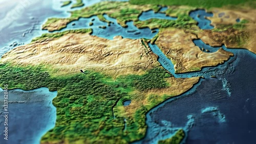 Detailed topographic map highlighting natural features of Europe, Africa and the Middle East with varied elevations
