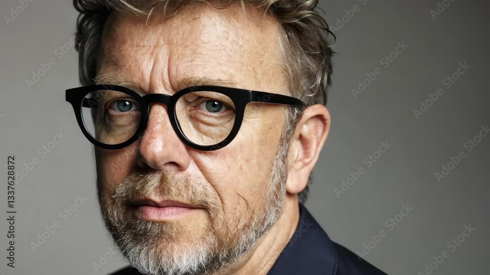 Middle-aged man with glasses and beard poses against a neutral background in a professional setting Middle-aged man with glasses and beard poses against a neutral background in a professional setting