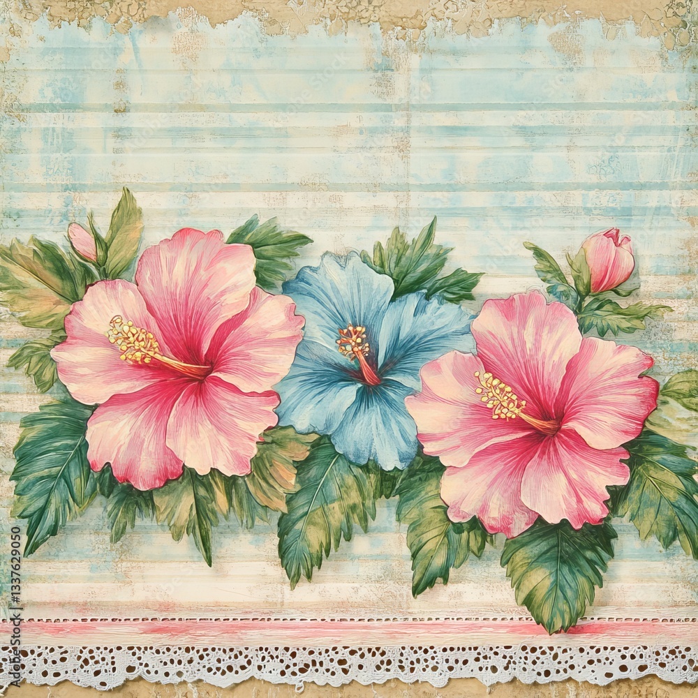 Old vintage scrapbook wallpaper with lace, a beautiful, vivid pink and turquoise hibiscus flower